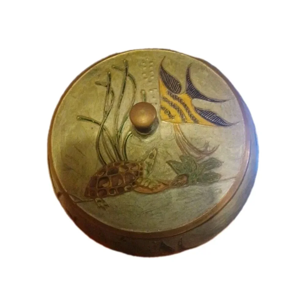 Vintage Under Sea Life Cloisonne Brass Enamel Trinket Powder Box,